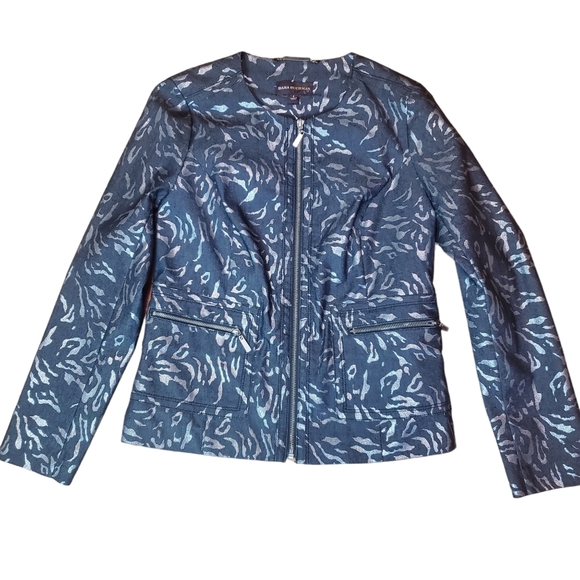 Dana Buchman Denim Blazer Jacket Front Zip O Neck Exotic Metallic Print Womens 4 - Picture 10 of 12